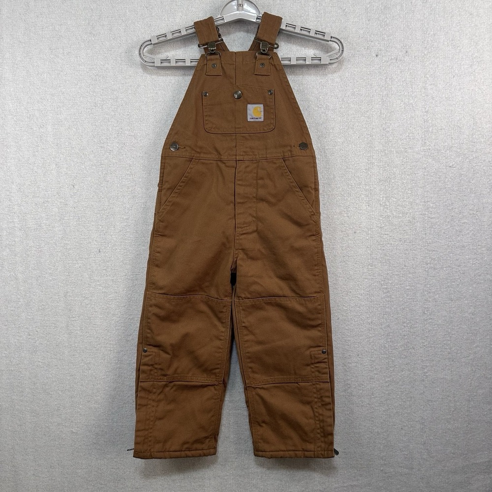 Carhartt Bib Overalls Boys Kids 4 Brown Canvas Insulated Double Knee